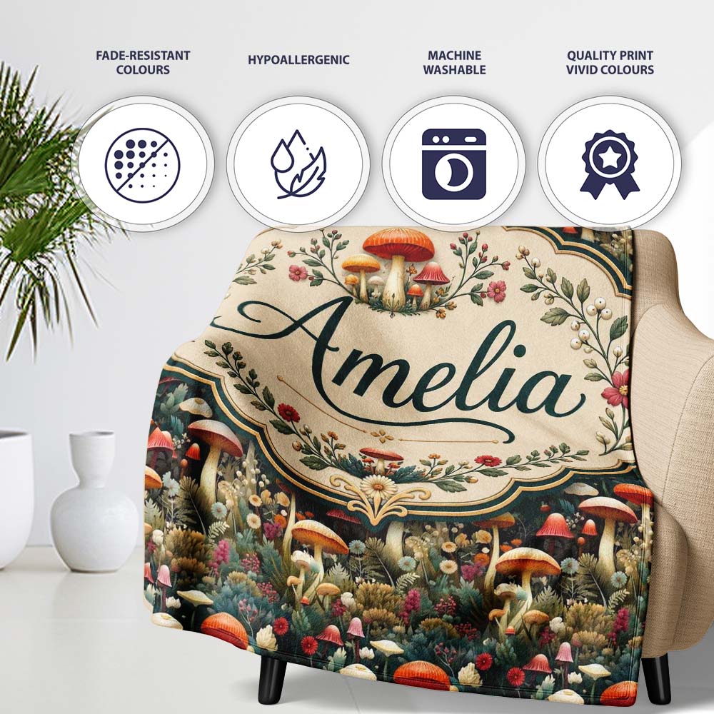 Botanical Mushroom Garden Nature Seamless Pattern Name Cute Unique Personalised Custom Name Super Soft Fleece Blanket Bed Sofa Throw