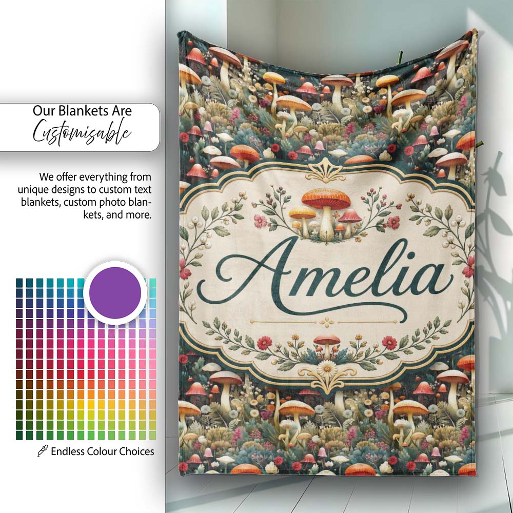 Botanical Mushroom Garden Nature Seamless Pattern Name Cute Unique Personalised Custom Name Super Soft Fleece Blanket Bed Sofa Throw