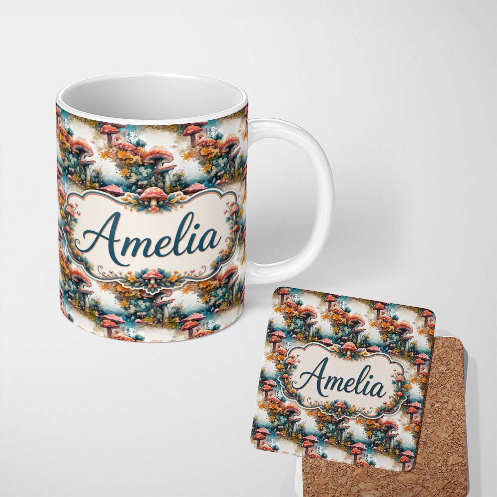 Personalized Custom Name Watercolor Fantasy Mushrooms Floral Seamless Pattern Name Cute 11oz Ceramic Coffee Tea Mug White Large Handle