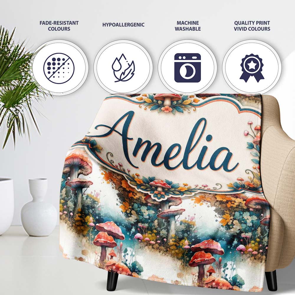 Watercolor Fantasy Mushrooms Floral Seamless Pattern Name Cute Personalised Custom Name Super Soft Fleece Blanket Bed Sofa Throw