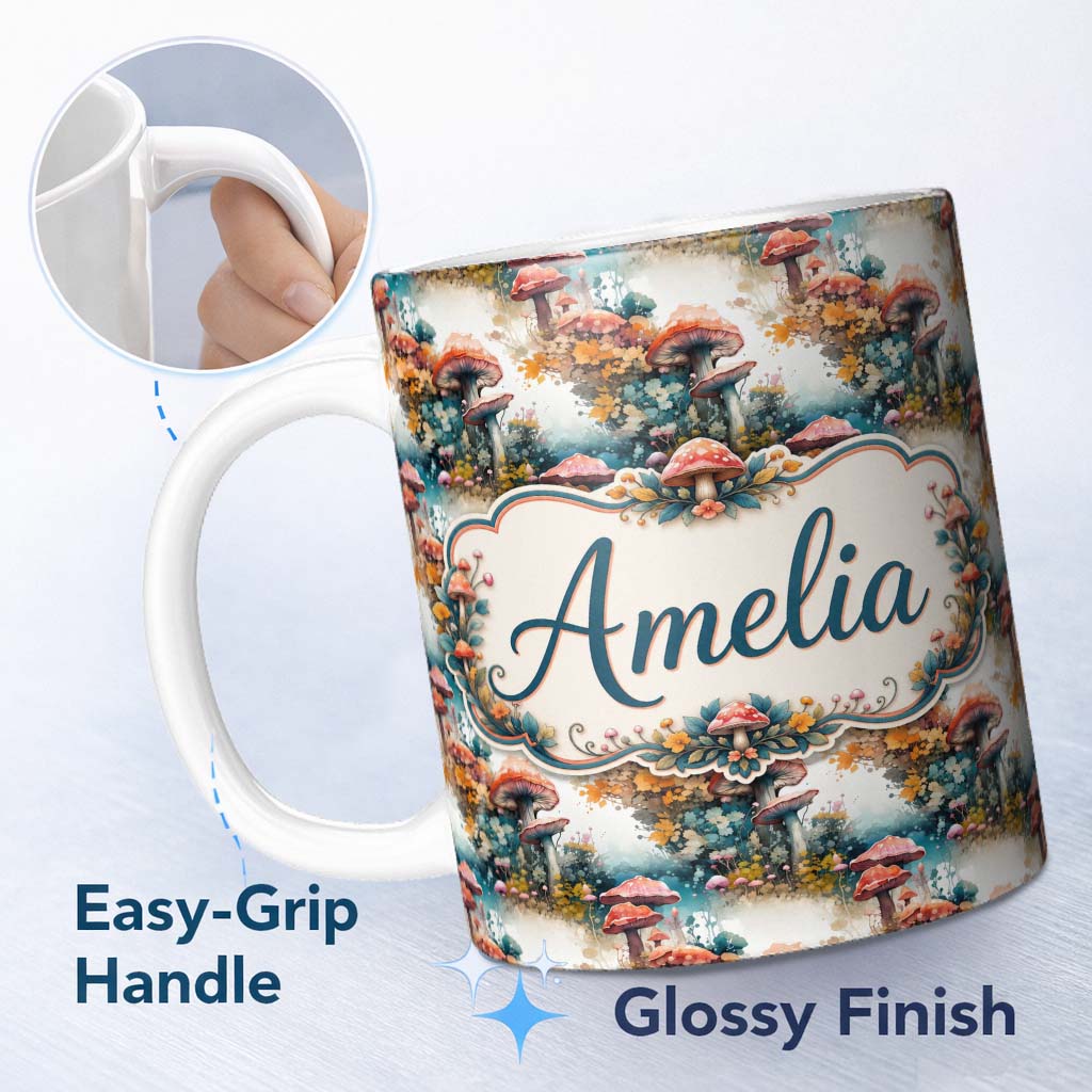 Personalized Custom Name Watercolor Fantasy Mushrooms Floral Seamless Pattern Name Cute 11oz Ceramic Coffee Tea Mug White Large Handle