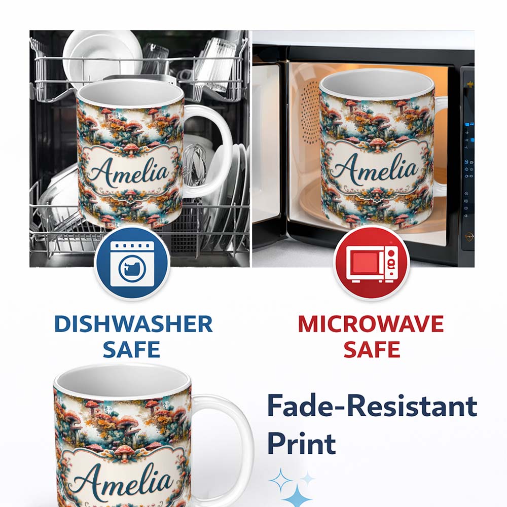 Personalized Custom Name Watercolor Fantasy Mushrooms Floral Seamless Pattern Name Cute 11oz Ceramic Coffee Tea Mug White Large Handle