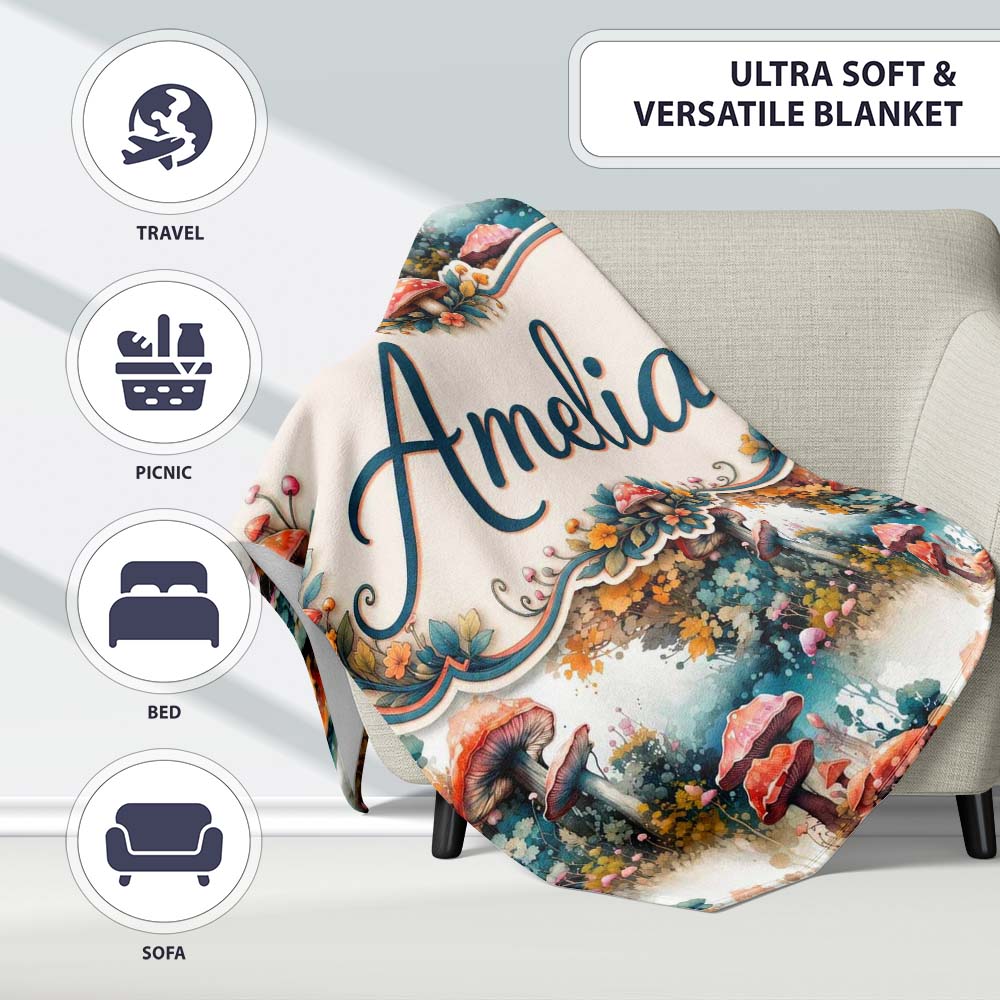Watercolor Fantasy Mushrooms Floral Seamless Pattern Name Cute Personalised Custom Name Super Soft Fleece Blanket Bed Sofa Throw