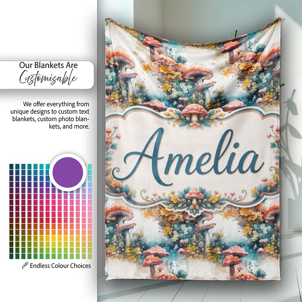 Watercolor Fantasy Mushrooms Floral Seamless Pattern Name Cute Personalised Custom Name Super Soft Fleece Blanket Bed Sofa Throw