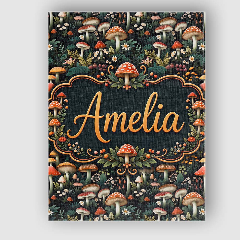 Personalised Name Detailed Woodland Mushrooms Custom Unique Gift Idea Modern Room Accent Canvas Wall Art Print Decor Picture Ready to Hang