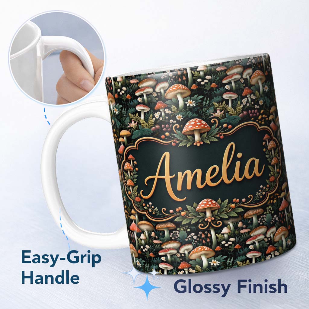 Personalized Custom Name Detailed Woodland Mushrooms Plants Seamless Pattern Name Cute 11oz Ceramic Coffee Tea Mug White Large Handle