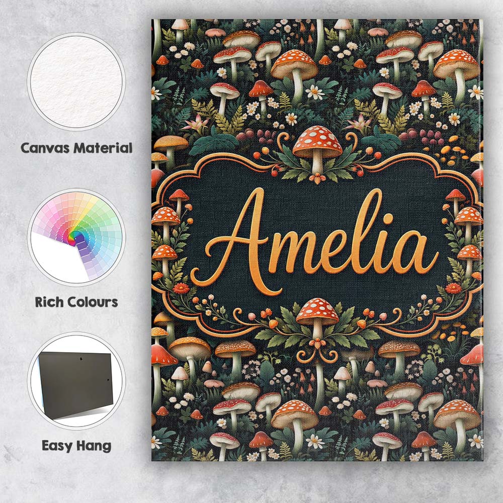 Personalised Name Detailed Woodland Mushrooms Custom Unique Gift Idea Modern Room Accent Canvas Wall Art Print Decor Picture Ready to Hang