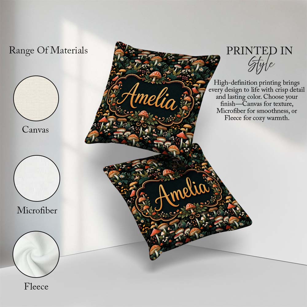 Custom Name Detailed Woodland Mushrooms Plants Pattern Name Cute Square Filled Cushion Throw Pillow Sofa Bed Home Decor Zip Washable UK Made