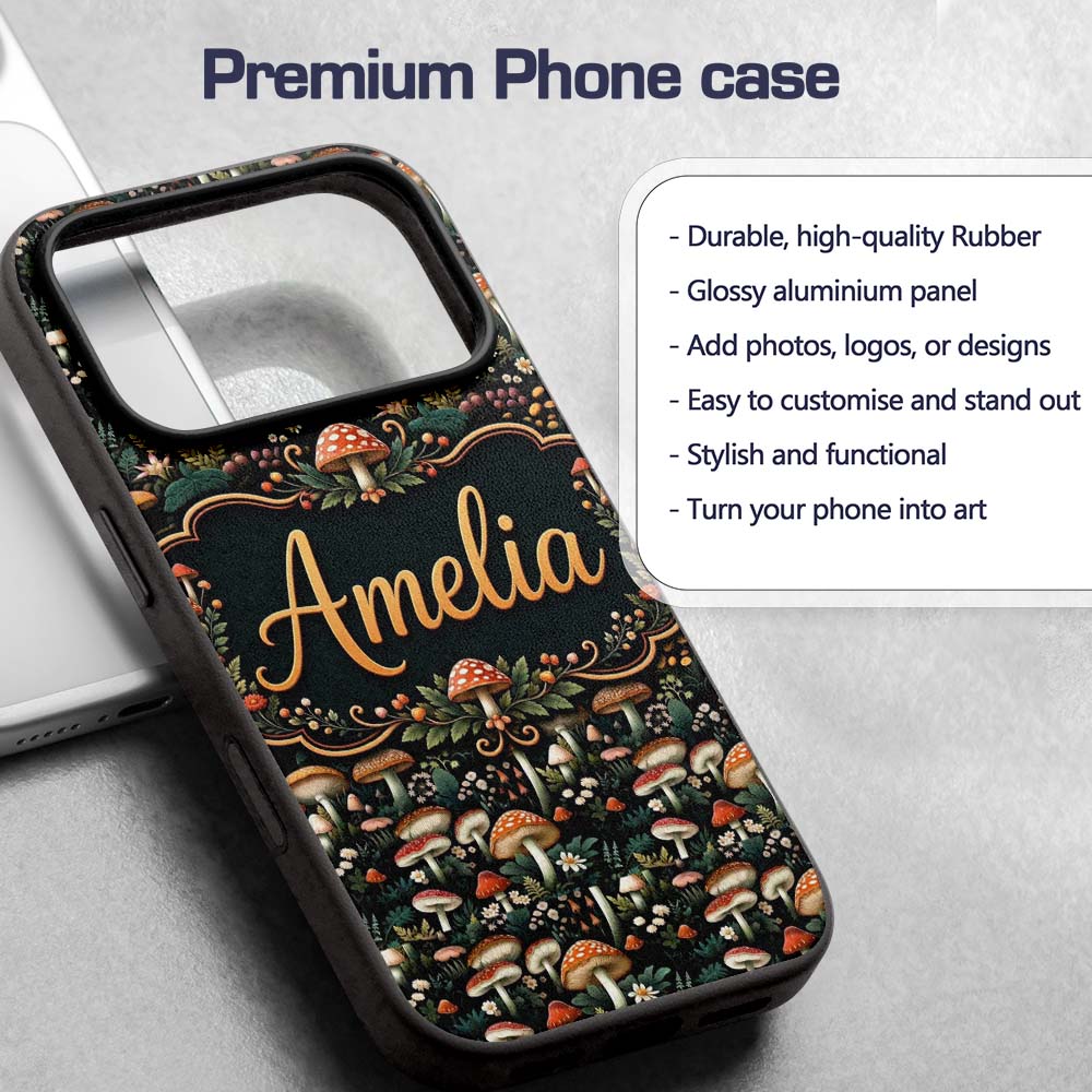 Detailed Woodland Mushrooms Plants Printed Design Custom Name Protective Phone Case Mobile Cover Durable Everyday Smartphone Shock Resistant