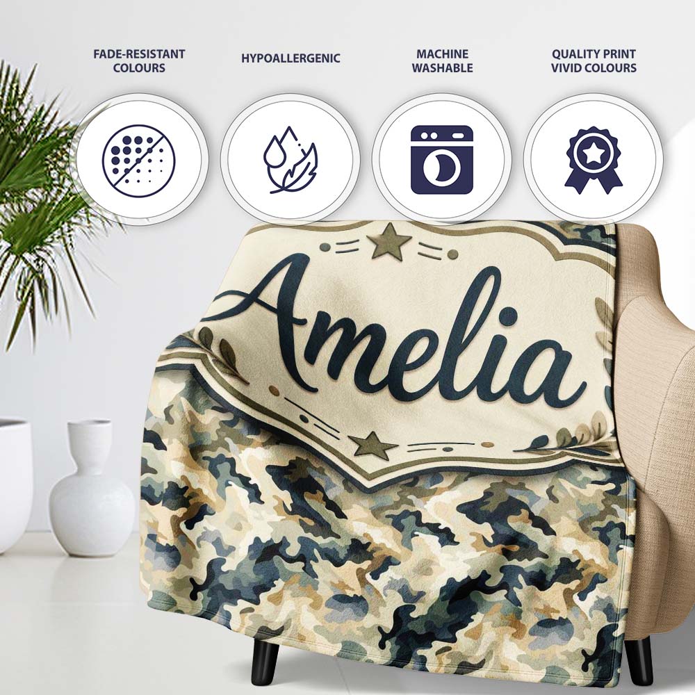 Modern Camouflage Abstract Army Seamless Pattern Name Cute Unique Personalised Custom Name Super Soft Fleece Blanket Bed Sofa Throw