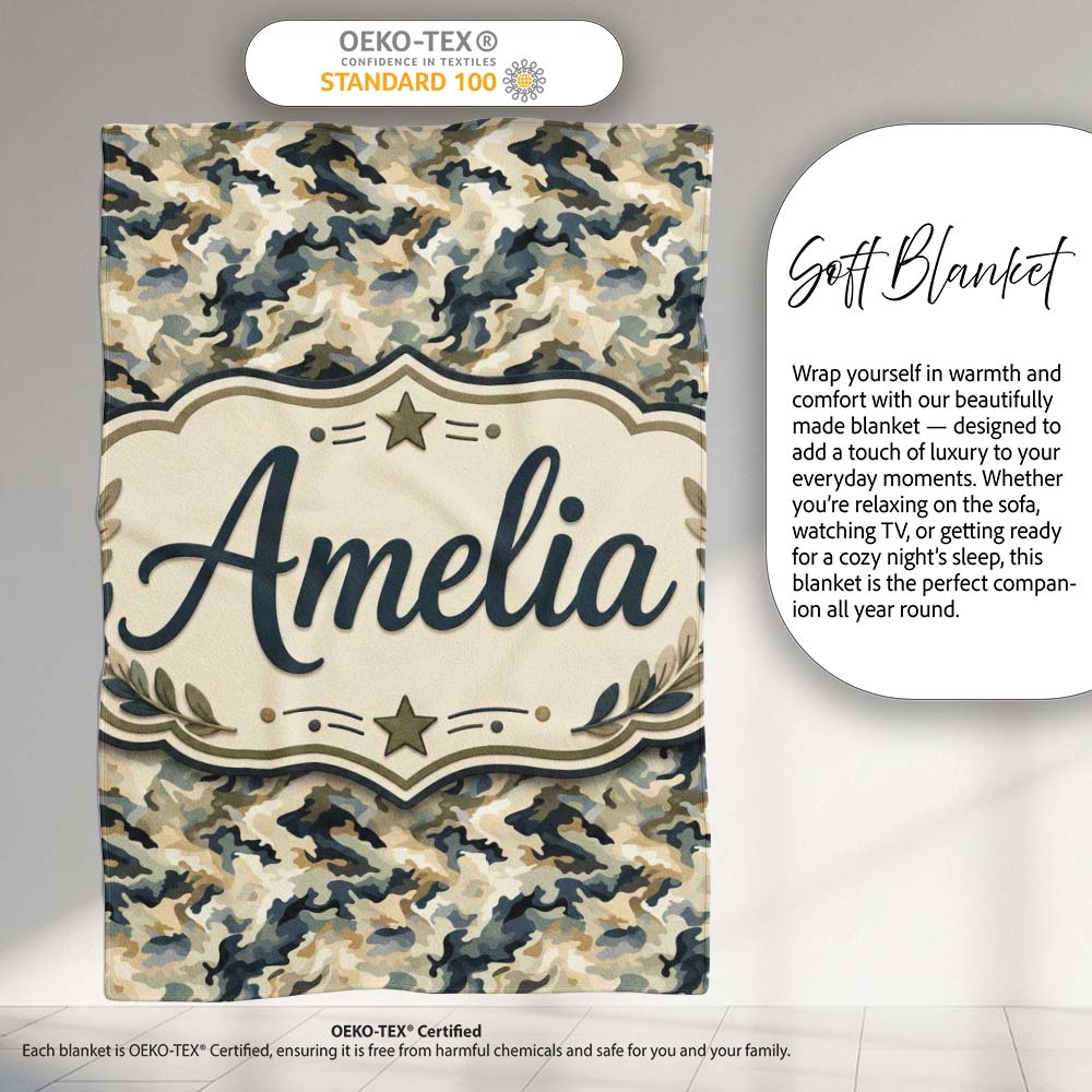 Modern Camouflage Abstract Army Seamless Pattern Name Cute Unique Personalised Custom Name Super Soft Fleece Blanket Bed Sofa Throw