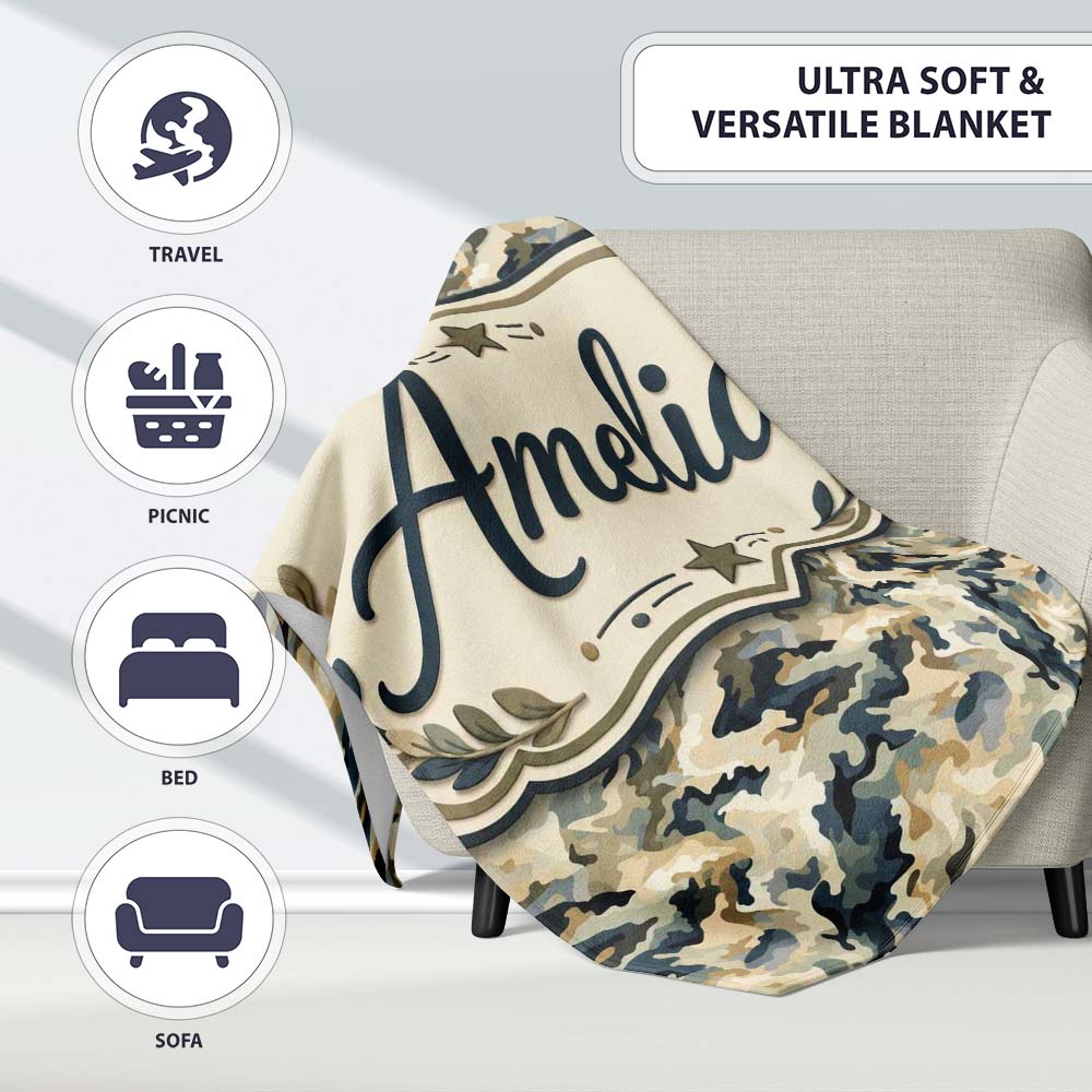 Modern Camouflage Abstract Army Seamless Pattern Name Cute Unique Personalised Custom Name Super Soft Fleece Blanket Bed Sofa Throw