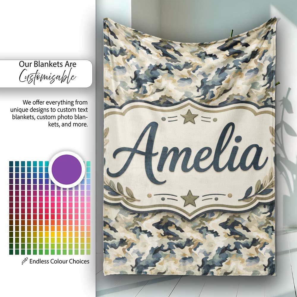 Modern Camouflage Abstract Army Seamless Pattern Name Cute Unique Personalised Custom Name Super Soft Fleece Blanket Bed Sofa Throw
