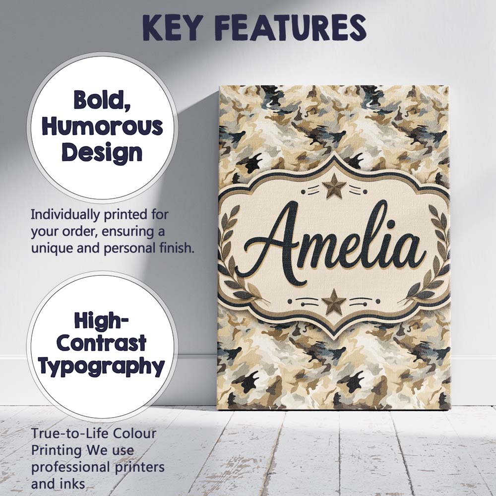 Personalised Name Neutral Camouflage Custom Premium Decorative Design Modern Room Accent Canvas Wall Art Print Decor Picture Ready to Hang