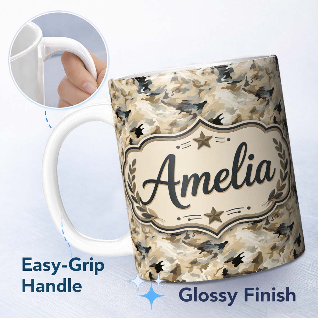 Personalized Custom Name Neutral Camouflage Texture Organic Seamless Pattern Name Cute 11oz Ceramic Coffee Tea Mug White Large Handle