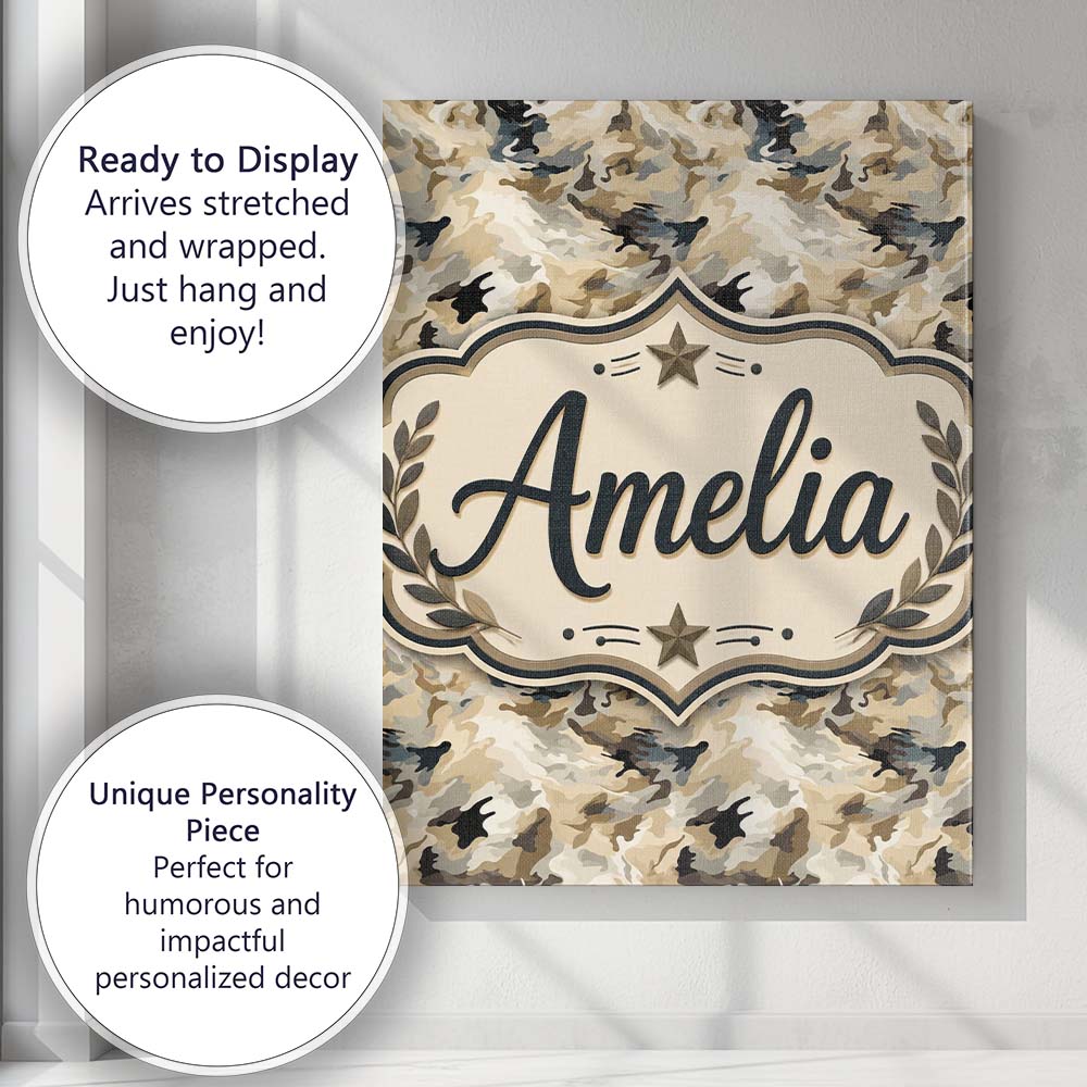 Personalised Name Neutral Camouflage Custom Premium Decorative Design Modern Room Accent Canvas Wall Art Print Decor Picture Ready to Hang