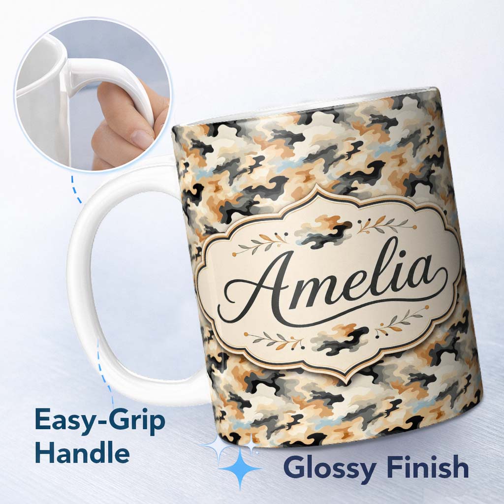 Personalized Custom Name Neutral Desert Camouflage Abstract Seamless Pattern Name Cute 11oz Ceramic Coffee Tea Mug White Large Handle