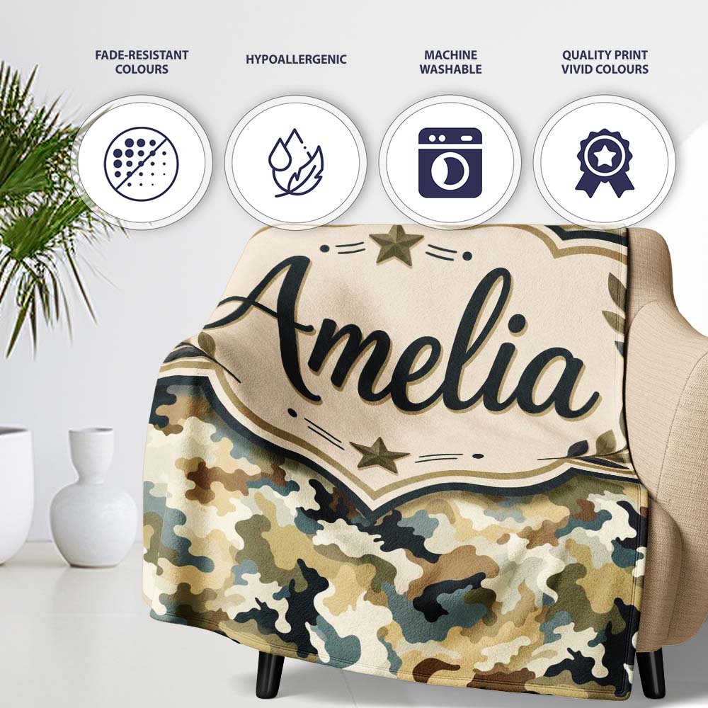 Classic Military Camouflage Green Brown Seamless Pattern Name Cute Personalised Custom Name Super Soft Fleece Blanket Bed Sofa Throw