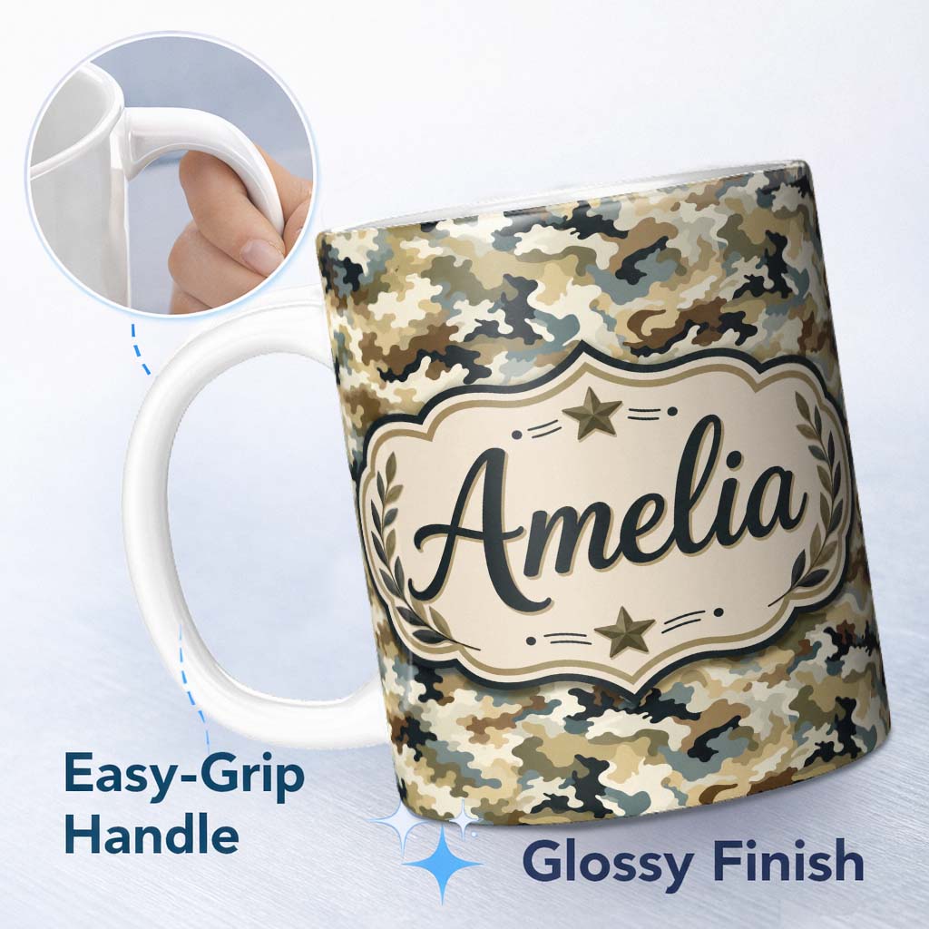 Personalized Custom Name Classic Military Camouflage Green Brown Seamless Pattern Name Cute 11oz Ceramic Coffee Tea Mug White Large Handle