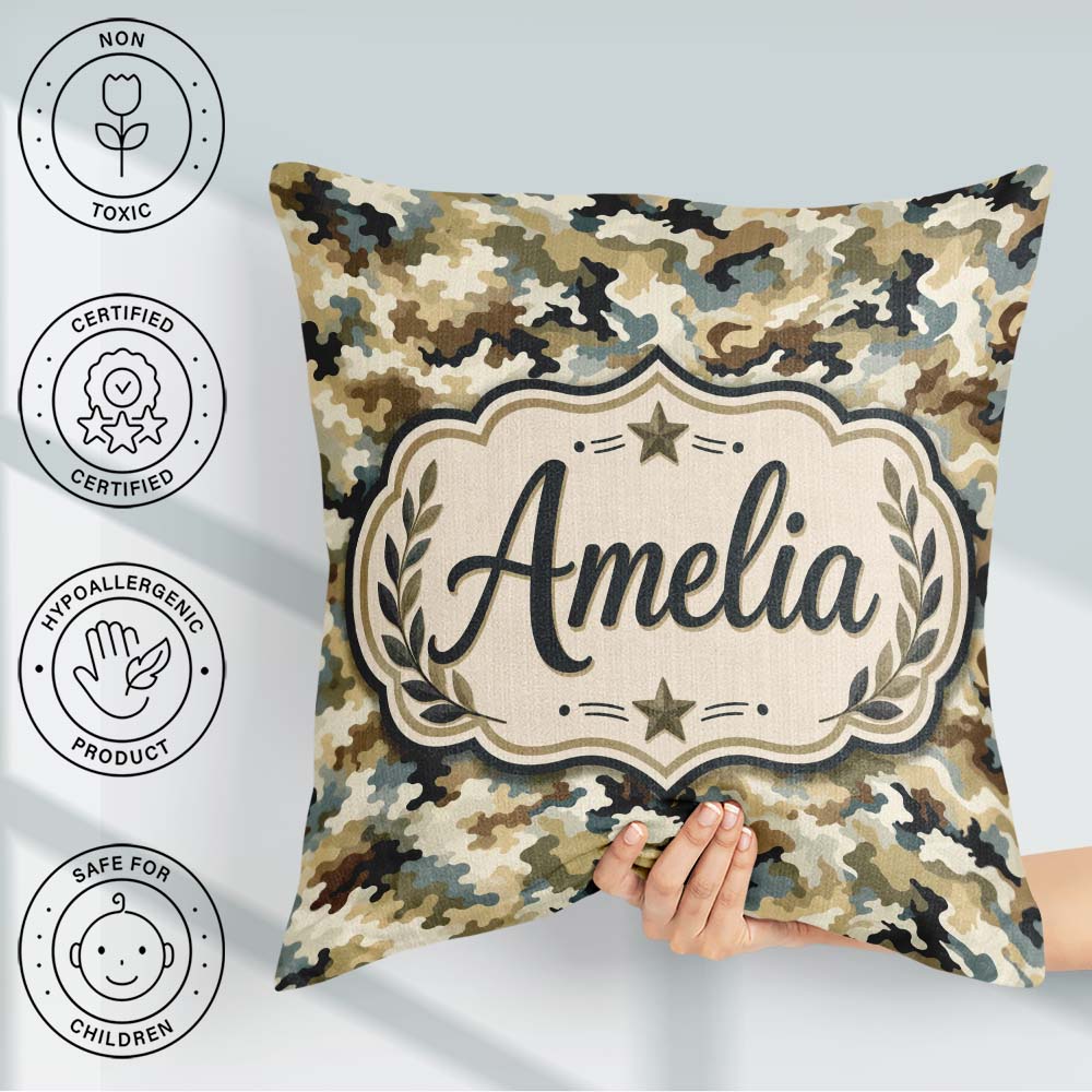 Custom Name Classic Military Camouflage Green Brown Pattern Name Square Filled Cushion Throw Pillow Sofa Bed Home Decor Zip Washable UK Made