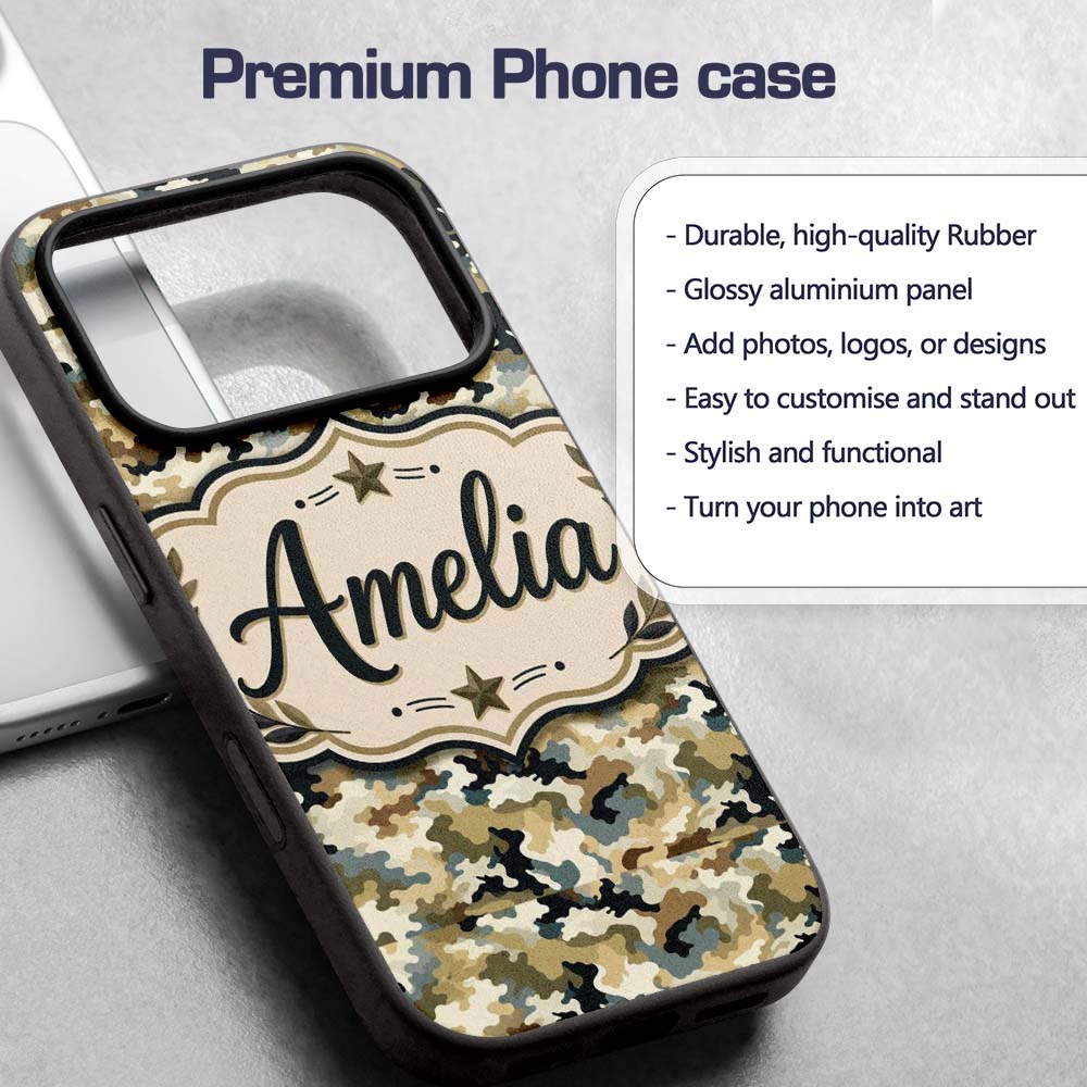 Classic Military Camouflage Green Brown Seamless Custom Name Protective Phone Case Mobile Cover Durable Everyday Smartphone Shock Resistant