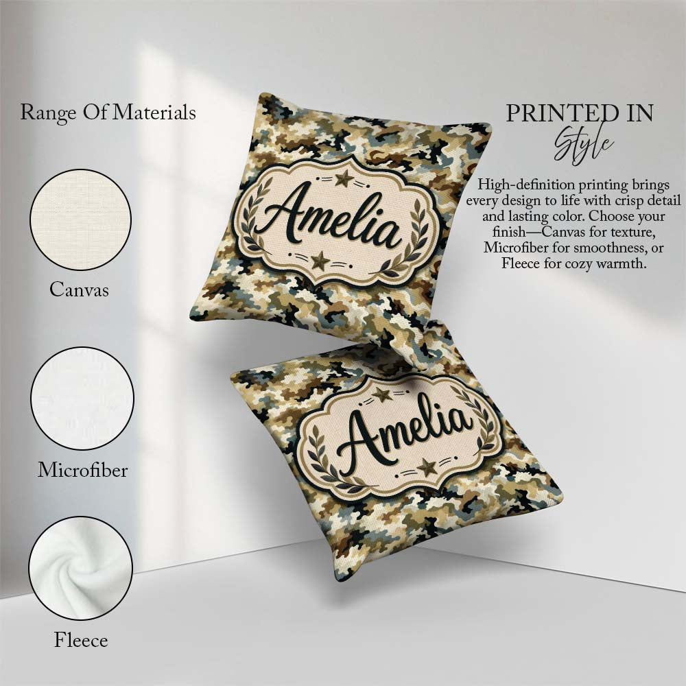 Custom Name Classic Military Camouflage Green Brown Pattern Name Square Filled Cushion Throw Pillow Sofa Bed Home Decor Zip Washable UK Made