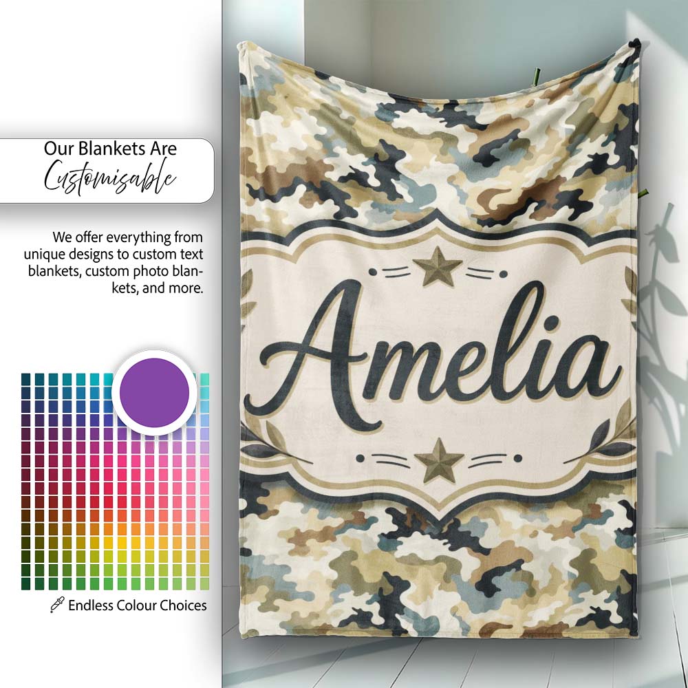 Classic Military Camouflage Green Brown Seamless Pattern Name Cute Personalised Custom Name Super Soft Fleece Blanket Bed Sofa Throw
