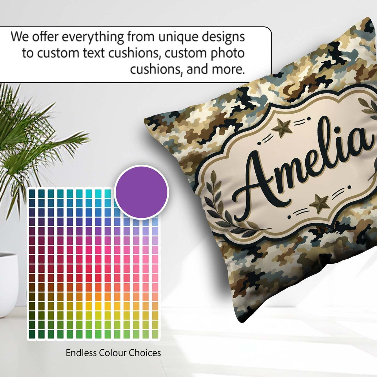 Custom Name Classic Military Camouflage Green Brown Pattern Name Square Filled Cushion Throw Pillow Sofa Bed Home Decor Zip Washable UK Made