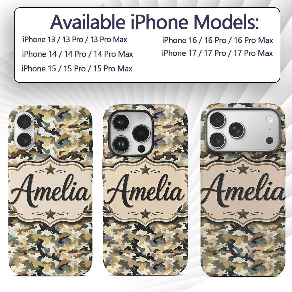 Classic Military Camouflage Green Brown Seamless Custom Name Protective Phone Case Mobile Cover Durable Everyday Smartphone Shock Resistant