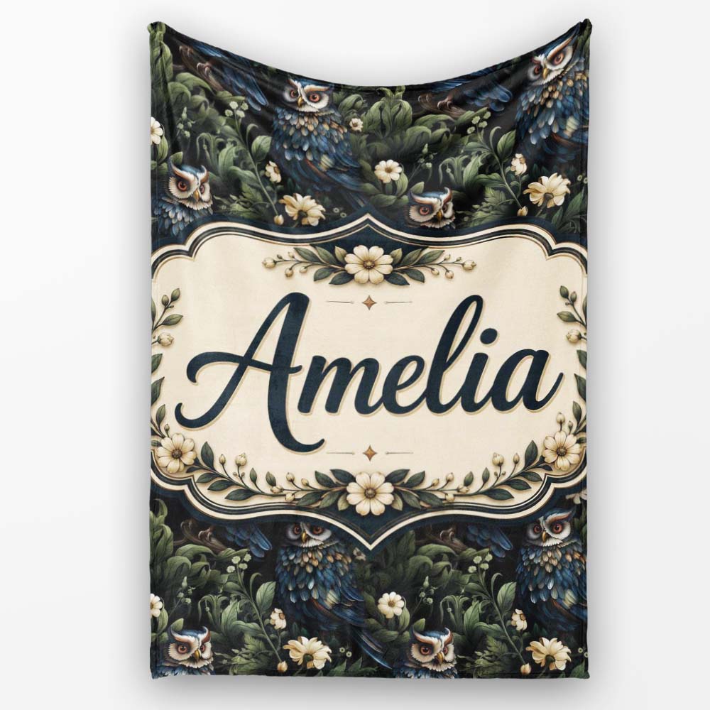 Realistic Owl Birds Dark Floral Forest Seamless Pattern Name Cute Personalised Custom Name Super Soft Fleece Blanket Bed Sofa Throw