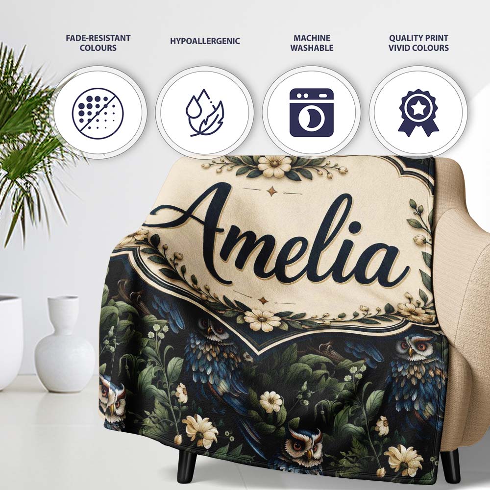 Realistic Owl Birds Dark Floral Forest Seamless Pattern Name Cute Personalised Custom Name Super Soft Fleece Blanket Bed Sofa Throw