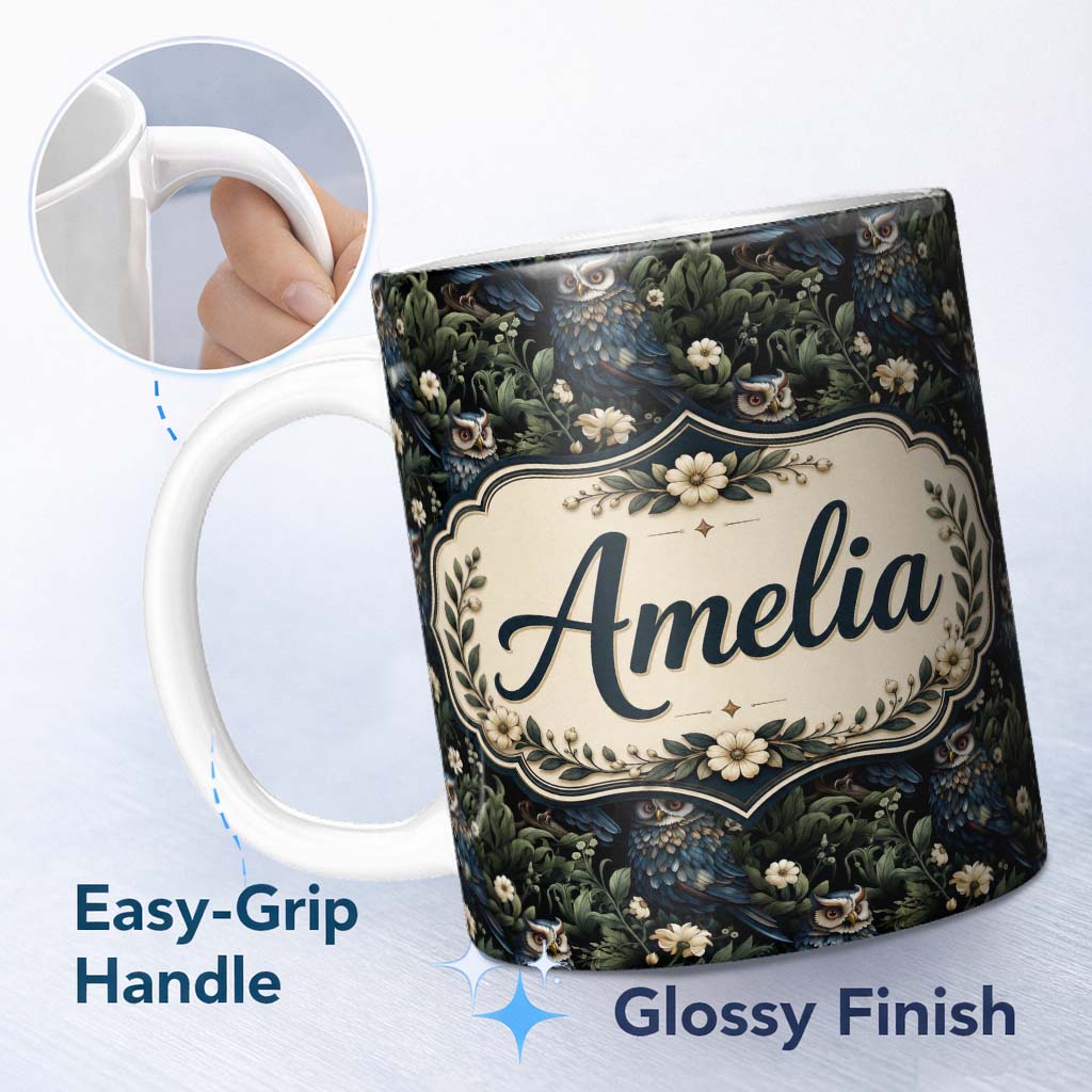 Personalized Custom Name Realistic Owl Birds Dark Floral Forest Seamless Pattern Name Cute 11oz Ceramic Coffee Tea Mug White Large Handle
