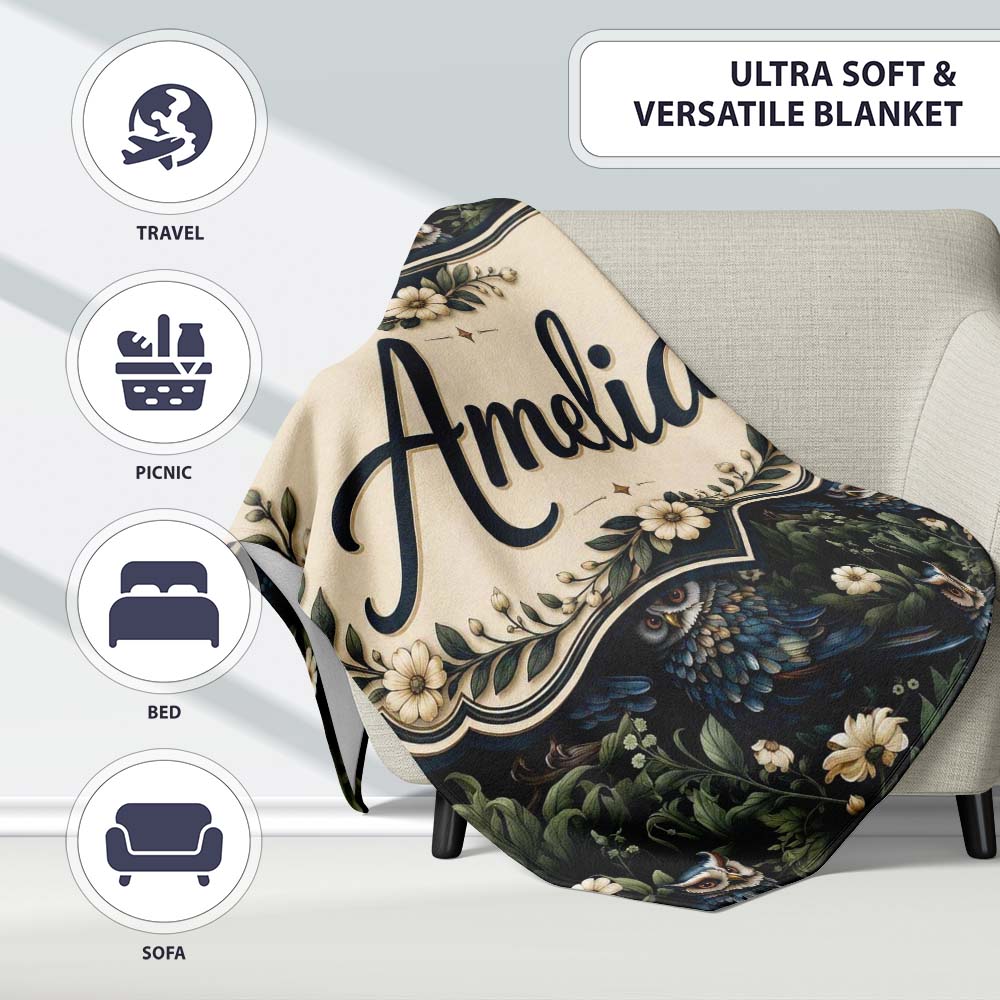 Realistic Owl Birds Dark Floral Forest Seamless Pattern Name Cute Personalised Custom Name Super Soft Fleece Blanket Bed Sofa Throw