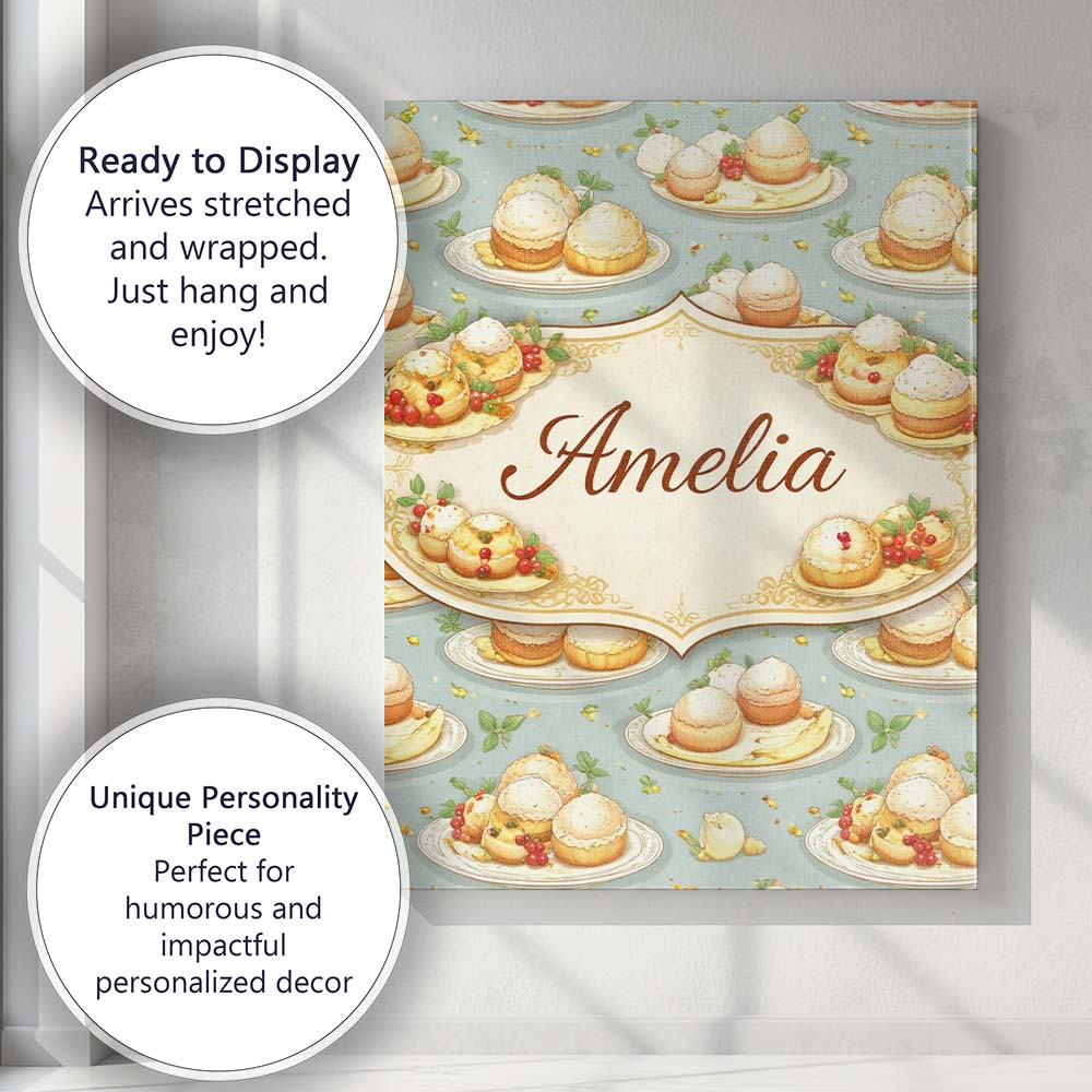 Personalised Name Cupcake and Fruit Dessert Pastel Seamless Pattern Custom Canvas Wall Art Print Decor Picture Ready to Hang