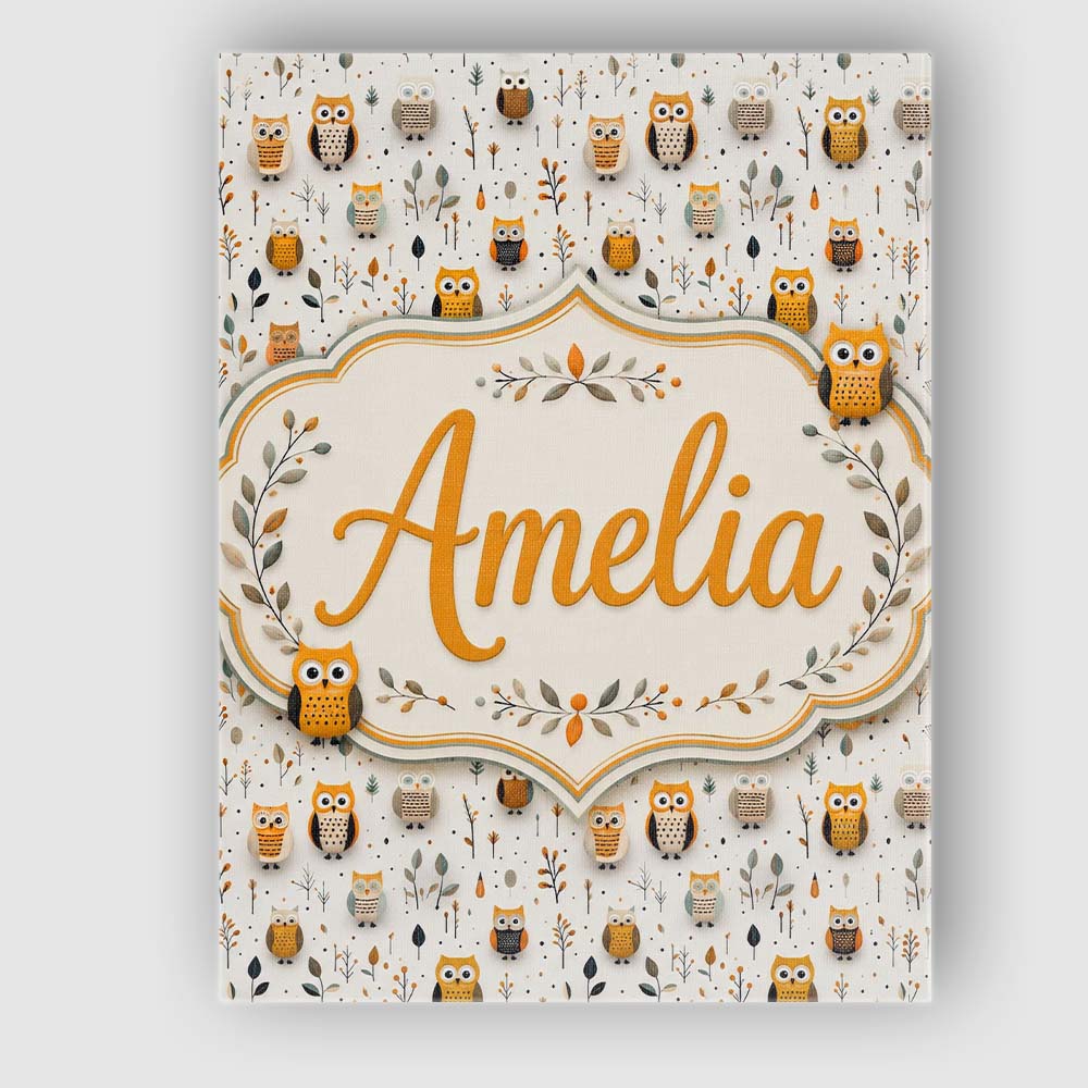 Personalised Name Cute Cartoon Owls Leaves Custom Unique Gift Idea Elegant Feature Canvas Wall Art Print Decor Picture Ready to Hang