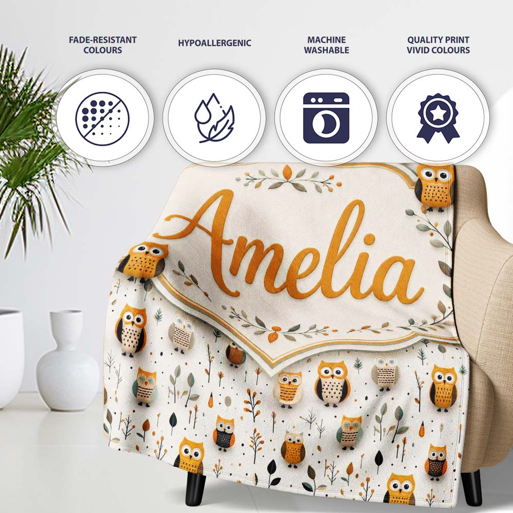 Cute Cartoon Owls Leaves Nature Seamless Pattern Name Unique Gift Personalised Custom Name Super Soft Fleece Blanket Bed Sofa Throw