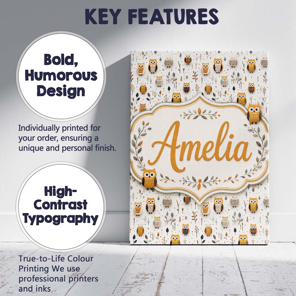 Personalised Name Cute Cartoon Owls Leaves Custom Unique Gift Idea Elegant Feature Canvas Wall Art Print Decor Picture Ready to Hang