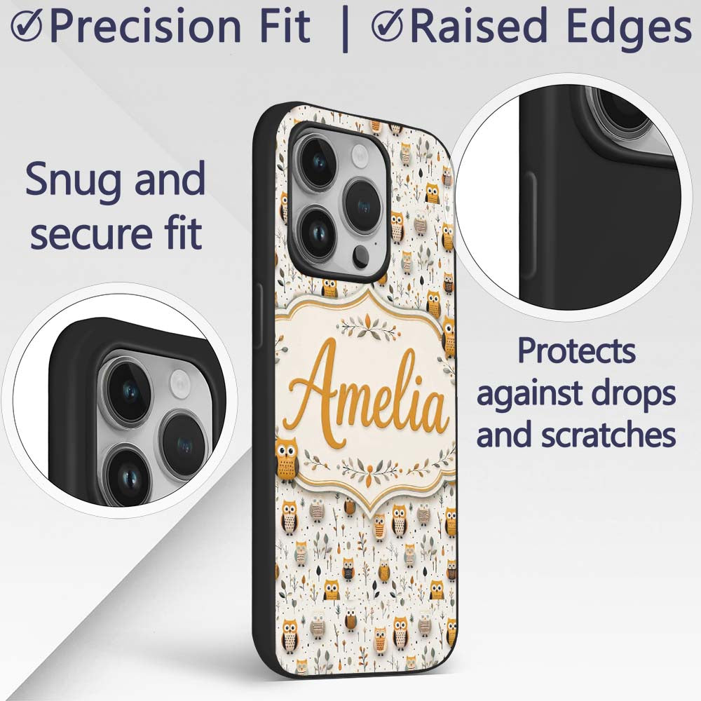 Cute Cartoon Owls Leaves Nature Seamless Pattern Custom Name Protective Phone Case Mobile Cover Durable Everyday Smartphone Shock Resistant