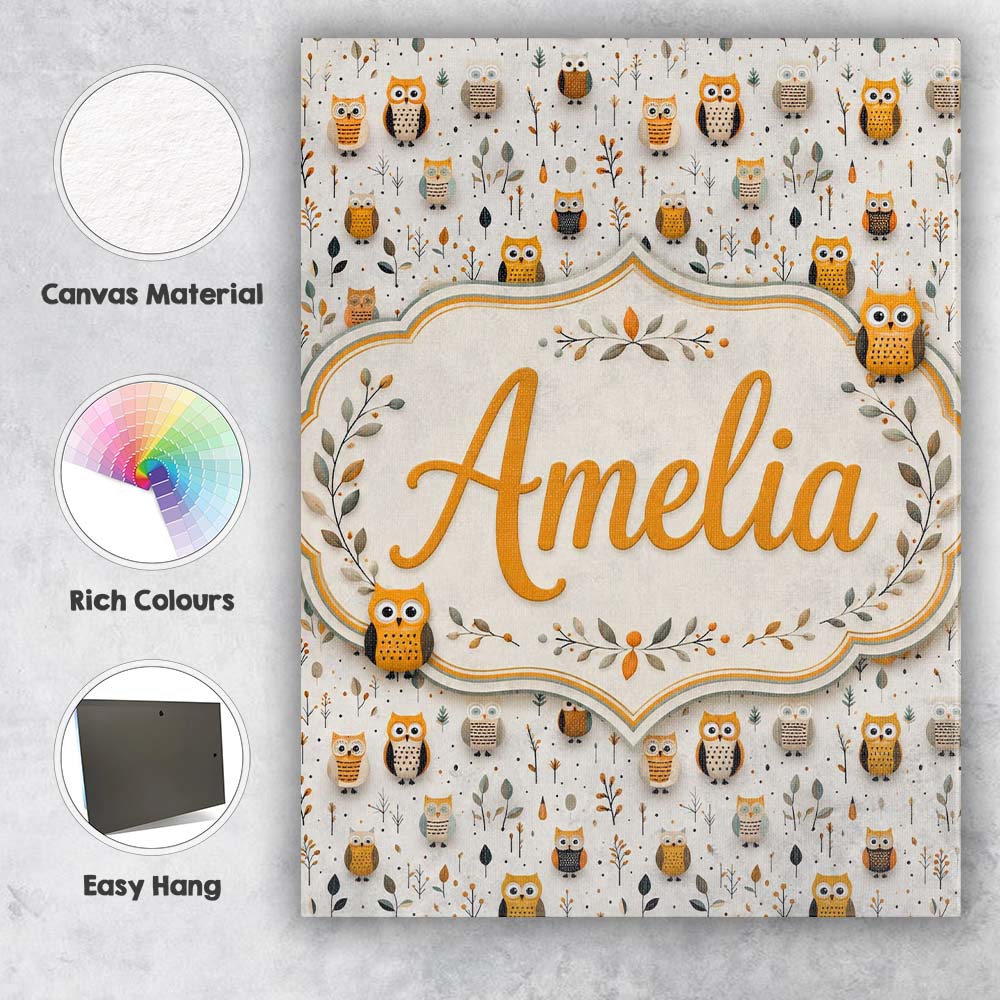 Personalised Name Cute Cartoon Owls Leaves Custom Unique Gift Idea Elegant Feature Canvas Wall Art Print Decor Picture Ready to Hang