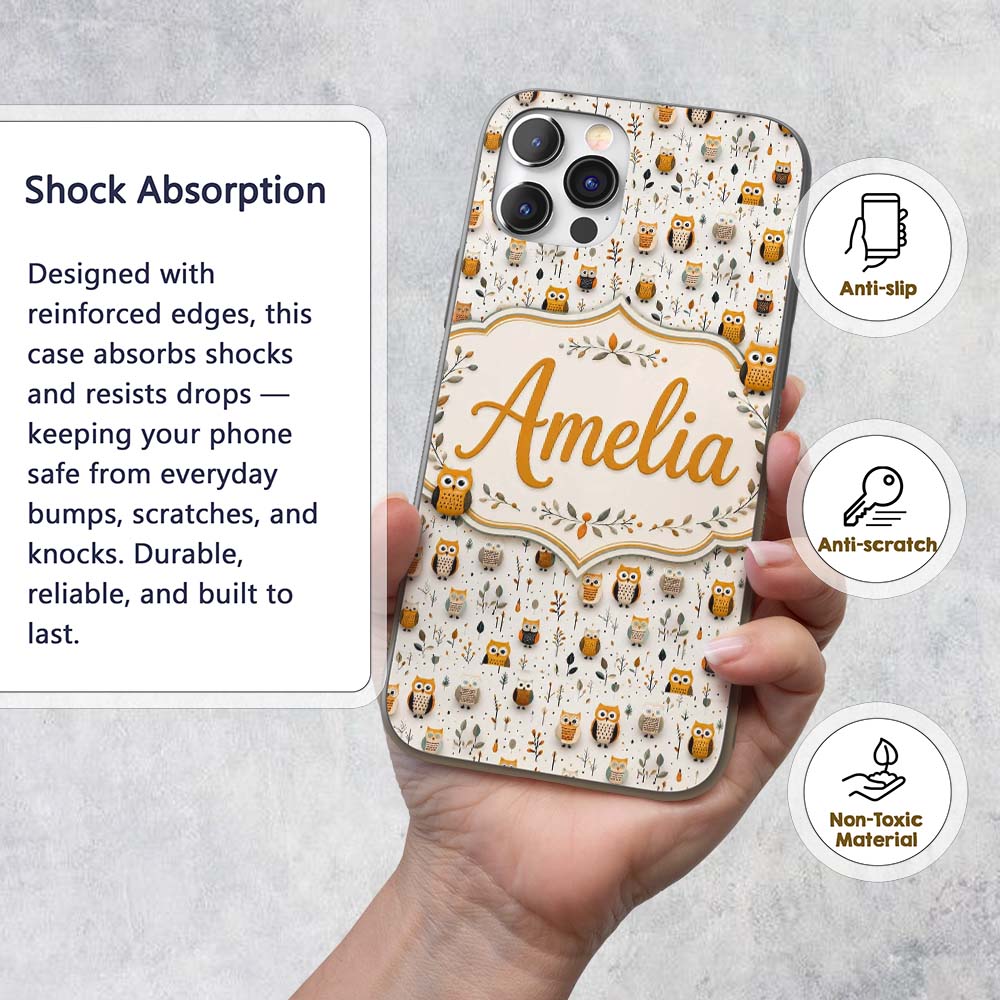 Cute Cartoon Owls Leaves Nature Seamless Pattern Custom Name Protective Phone Case Mobile Cover Durable Everyday Smartphone Shock Resistant