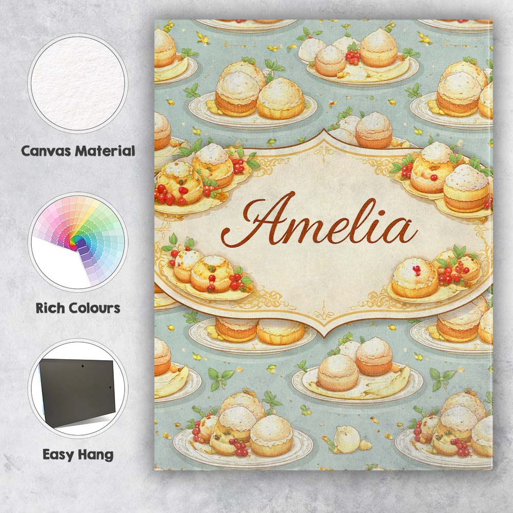 Personalised Name Cupcake and Fruit Dessert Pastel Seamless Pattern Custom Canvas Wall Art Print Decor Picture Ready to Hang