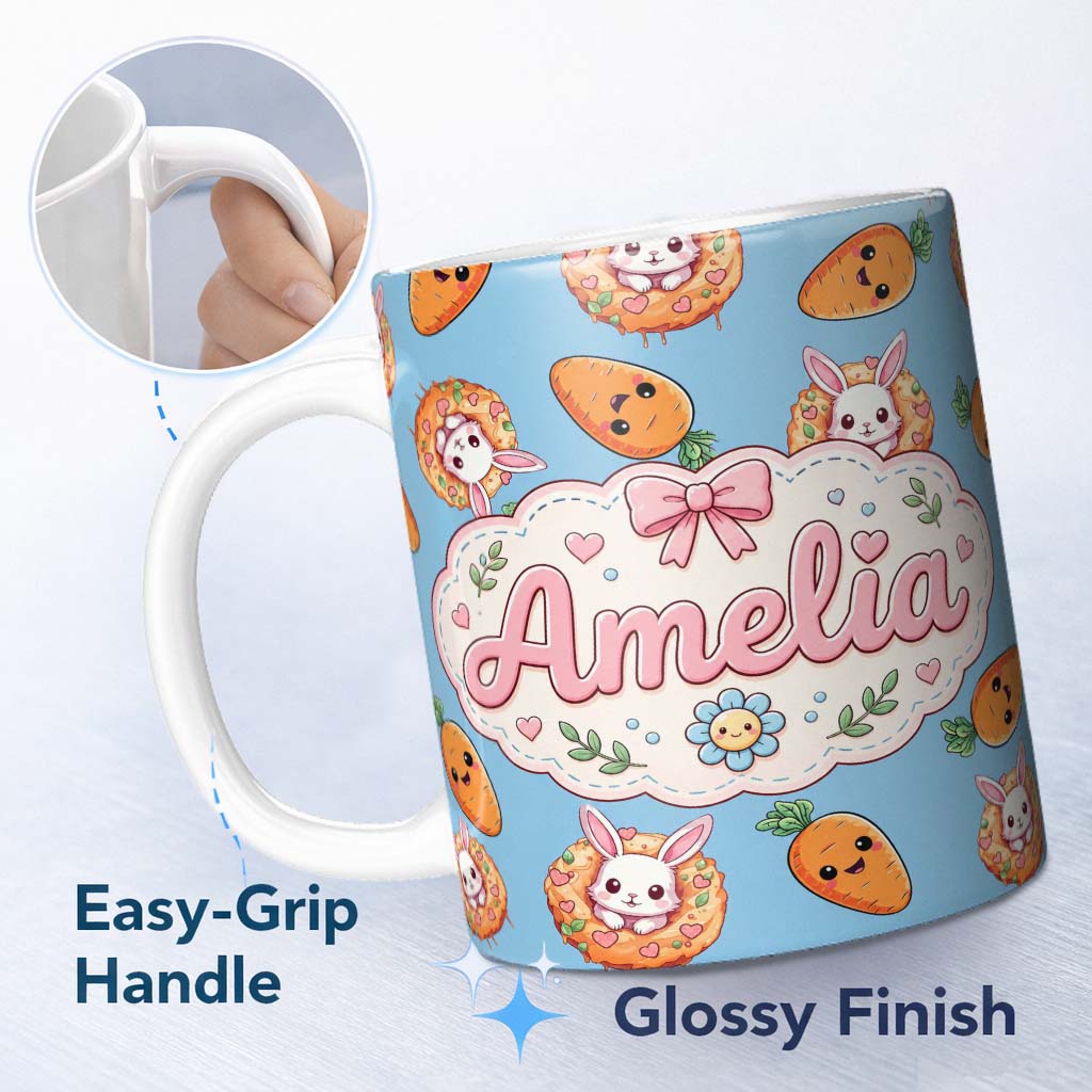 Personalized Custom Name Cute Easter Bunny Carrot Donut Hearts Seamless Pattern Sky Blue 11oz Ceramic Coffee Tea Mug White Large Handle