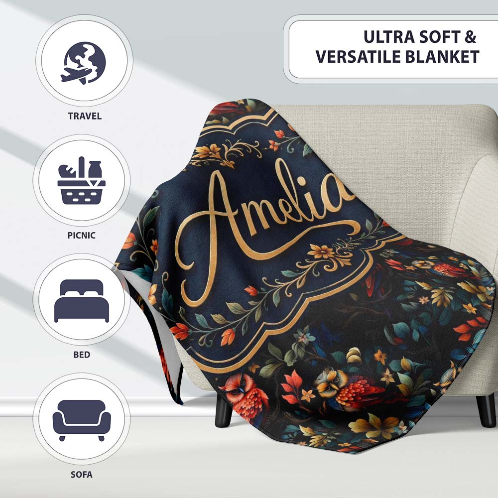 Colorful Owl Birds Floral Night Seamless Pattern Name Cute Unique Personalised Custom Name Super Soft Fleece Blanket Bed Sofa Throw