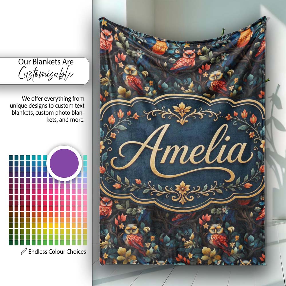 Colorful Owl Birds Floral Night Seamless Pattern Name Cute Unique Personalised Custom Name Super Soft Fleece Blanket Bed Sofa Throw