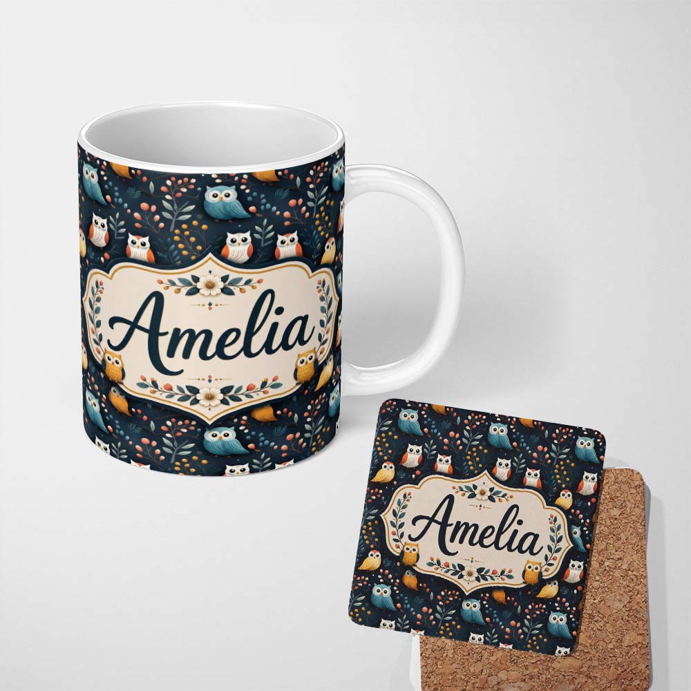 Personalized Custom Name Cute Owl Birds Decorative Leaves Seamless Pattern Name Unique Gift 11oz Ceramic Coffee Tea Mug White Large Handle