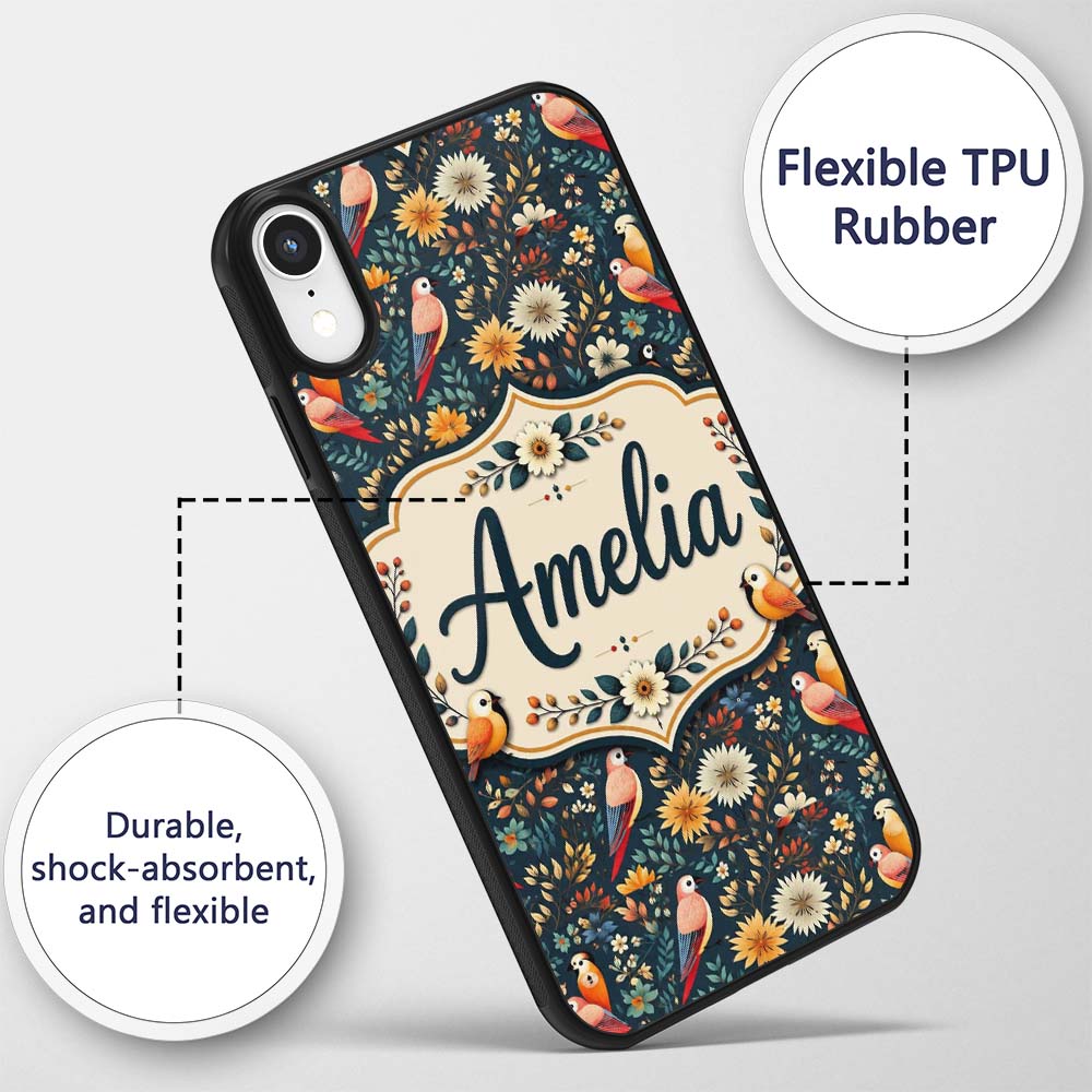 Colorful Parrot Birds Floral Jungle Seamless Custom Name Protective Phone Case Mobile Cover Durable Everyday Smartphone Shock Resistant