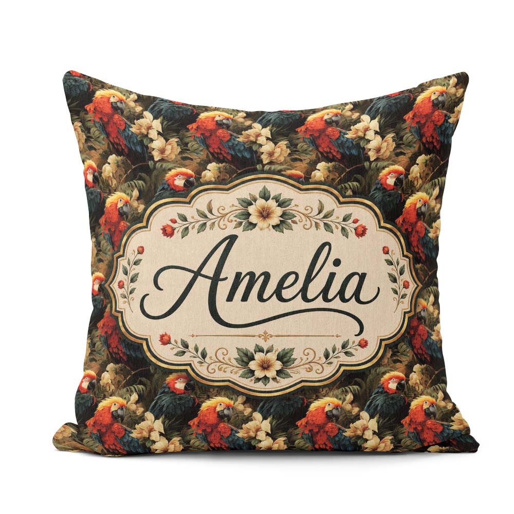 Custom Name Tropical Macaw Parrot Birds Flowers Seamless Pattern Square Filled Cushion Throw Pillow Sofa Bed Home Decor Zip Washable UK Made