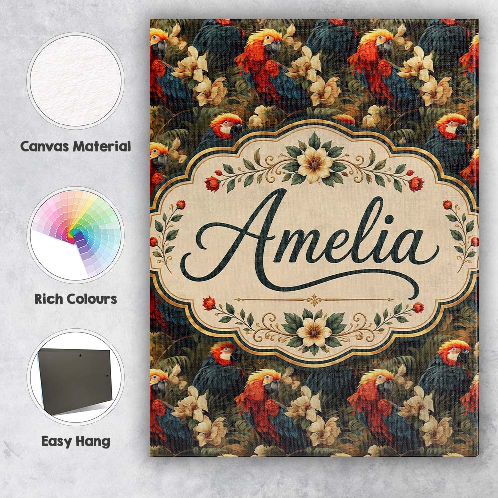 Personalised Name Tropical Macaw Parrot Custom Modern Room Accent Elegant Feature Canvas Wall Art Print Decor Picture Ready to Hang