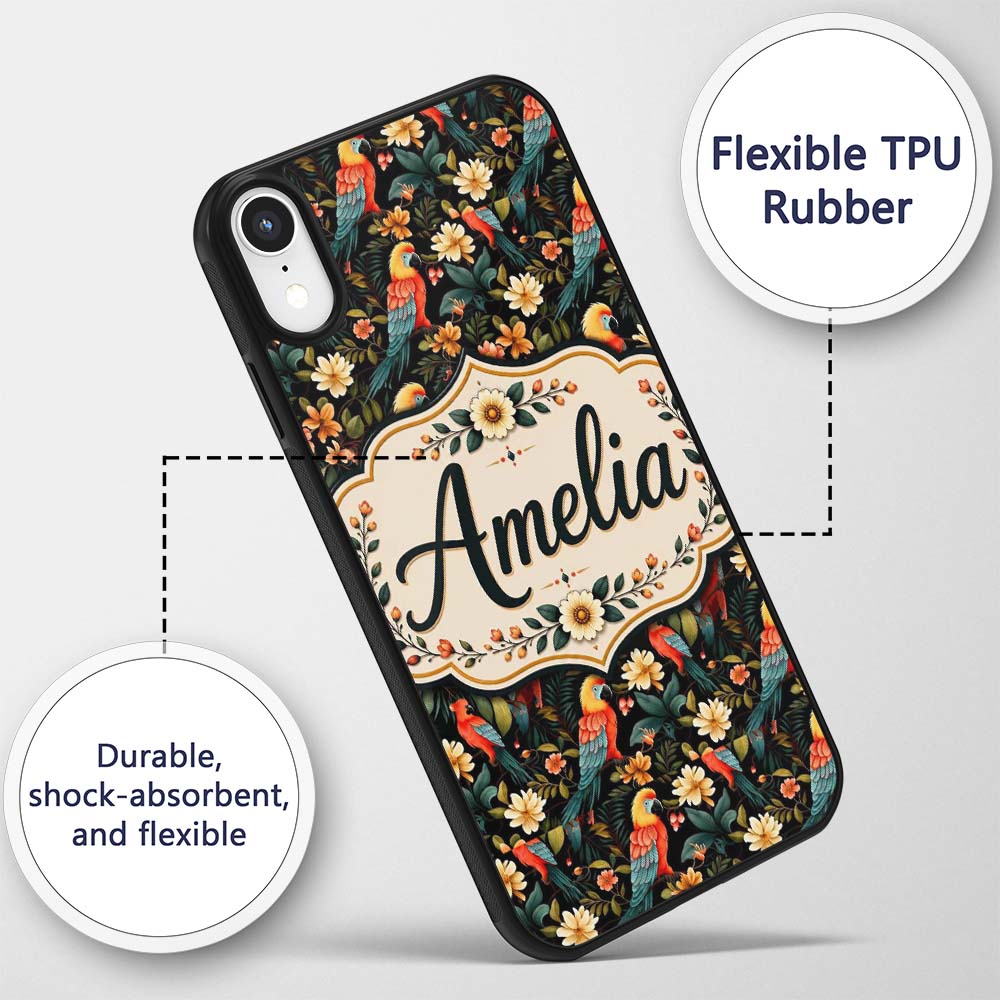 Tropical Parrot Birds and Floral Jungle Seamless Custom Name Protective Phone Case Mobile Cover Durable Everyday Smartphone Shock Resistant