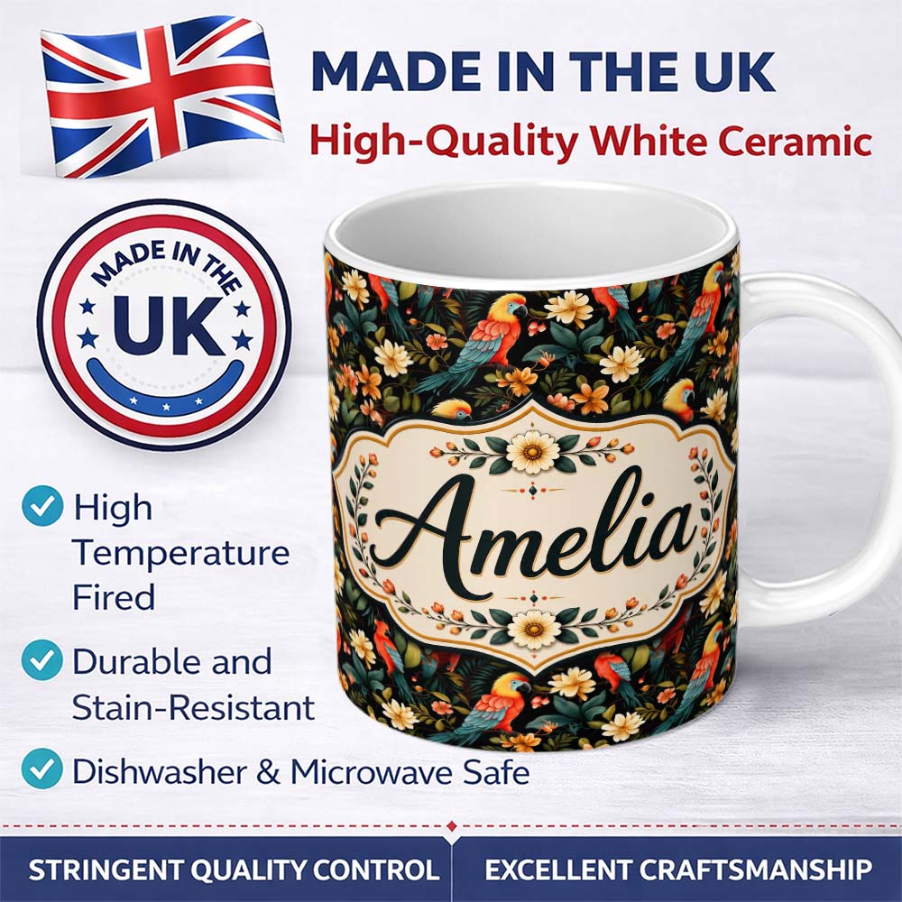 Personalized Custom Name Tropical Parrot Birds and Floral Jungle Seamless Pattern Name Cute 11oz Ceramic Coffee Tea Mug White Large Handle